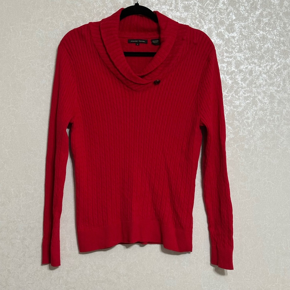 Jeanne Pierre Red Cable Knit Sweater V-neck Shawl Collar Button‎ Detail Cotton L